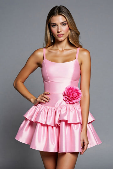 Pink Tiered Satin A Line Short Prom Dress With 3D Flowers